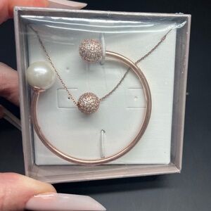 Rose Gold Bracelet and Necklace Set with Pearl Accent